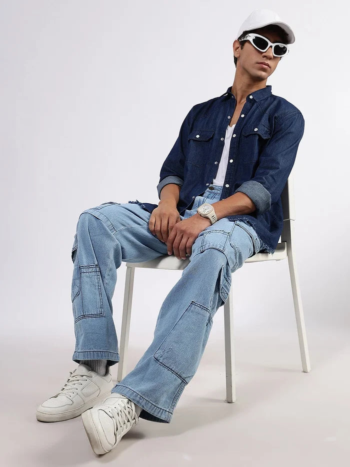 House Of Koala Navy Blue Raw Edge Oversized Relaxed Fit Spread Collar Premium Denim Full Sleeve Shirt