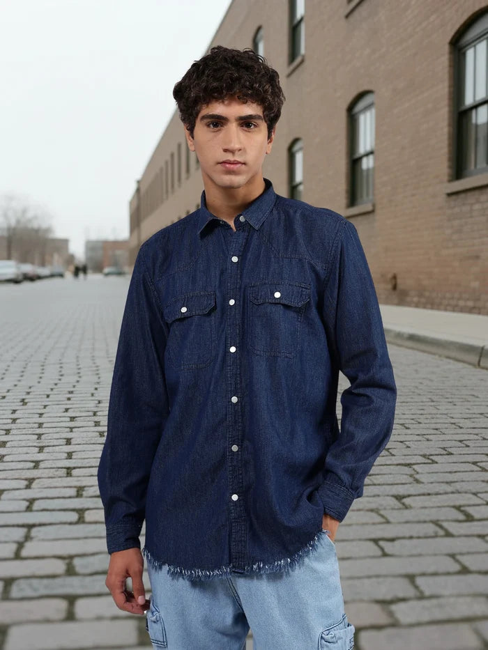 House Of Koala Navy Blue Raw Edge Oversized Relaxed Fit Spread Collar Premium Denim Full Sleeve Shirt