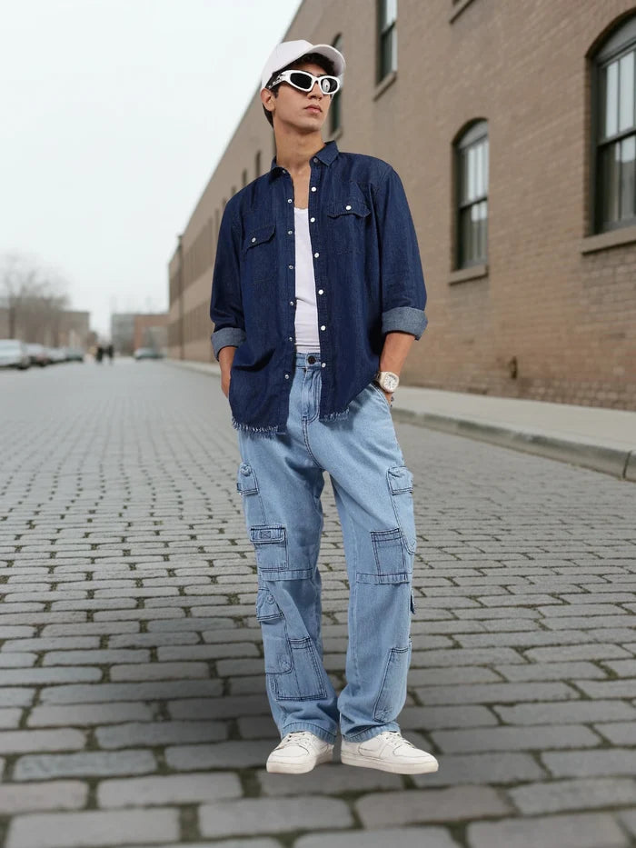 House Of Koala Navy Blue Raw Edge Oversized Relaxed Fit Spread Collar Premium Denim Full Sleeve Shirt