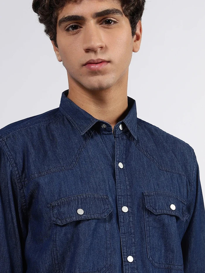House Of Koala Navy Blue Raw Edge Oversized Relaxed Fit Spread Collar Premium Denim Full Sleeve Shirt