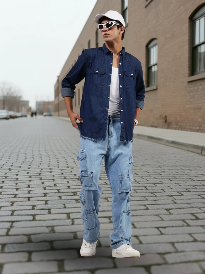 House Of Koala Navy Blue Raw Edge Oversized Relaxed Fit Spread Collar Premium Denim Full Sleeve Shirt