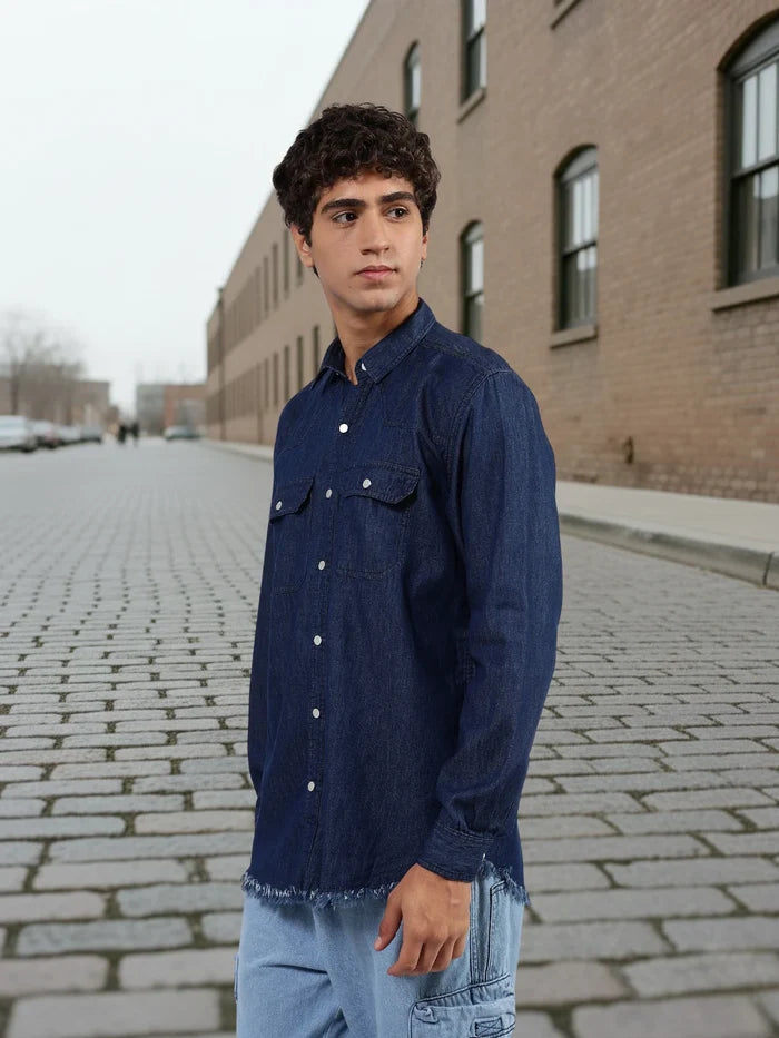 House Of Koala Navy Blue Raw Edge Oversized Relaxed Fit Spread Collar Premium Denim Full Sleeve Shirt