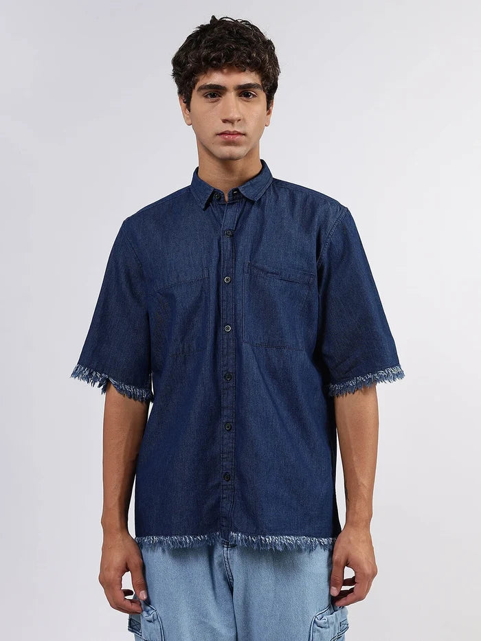 House Of Koala Navy Denim Raw Edge Oversized Box-Fit Spread Collar Half Sleeve Shirt