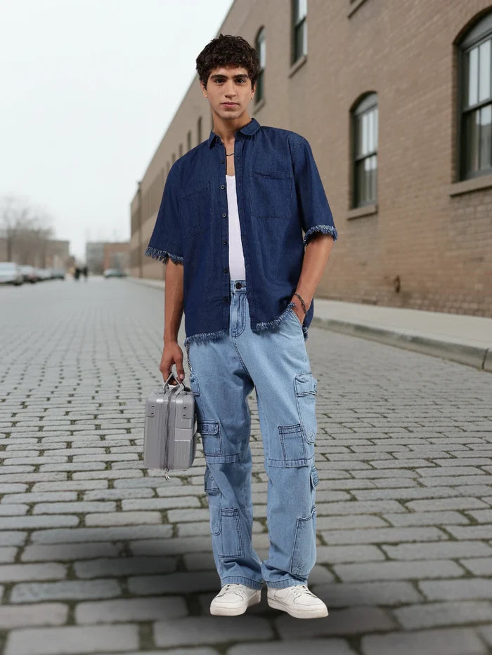 House Of Koala Navy Denim Raw Edge Oversized Box-Fit Spread Collar Half Sleeve Shirt