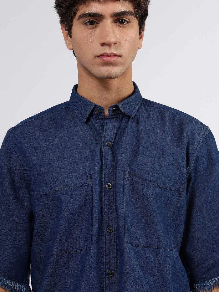 House Of Koala Navy Denim Raw Edge Oversized Box-Fit Spread Collar Half Sleeve Shirt