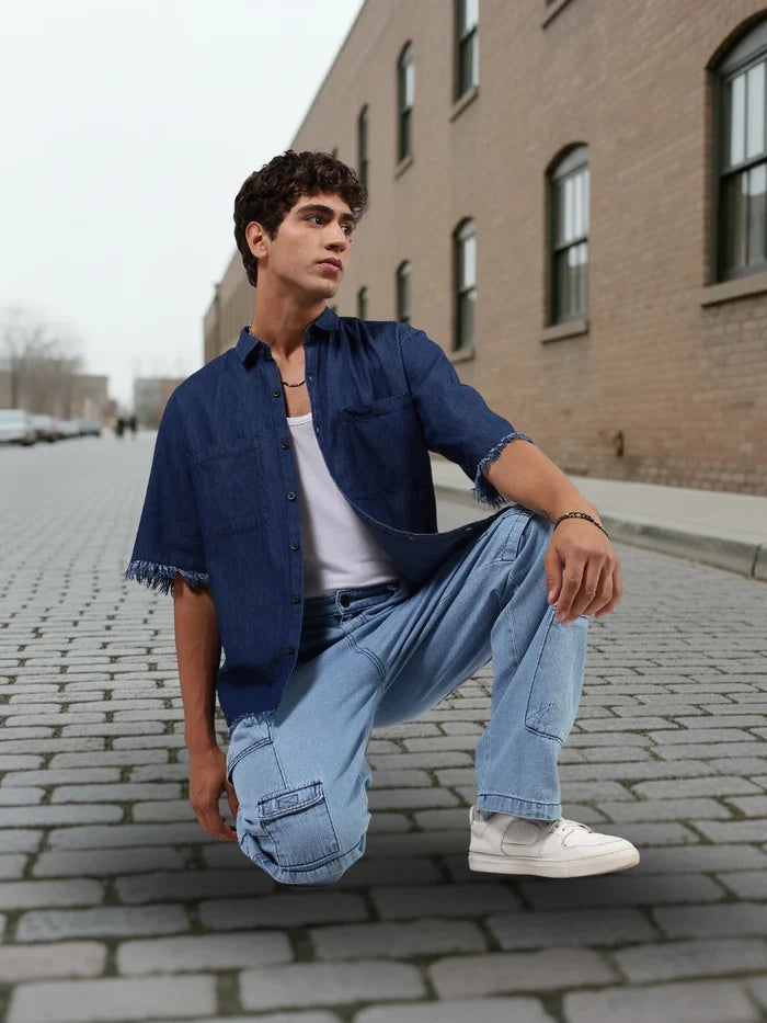 House Of Koala Navy Denim Raw Edge Oversized Box-Fit Spread Collar Half Sleeve Shirt