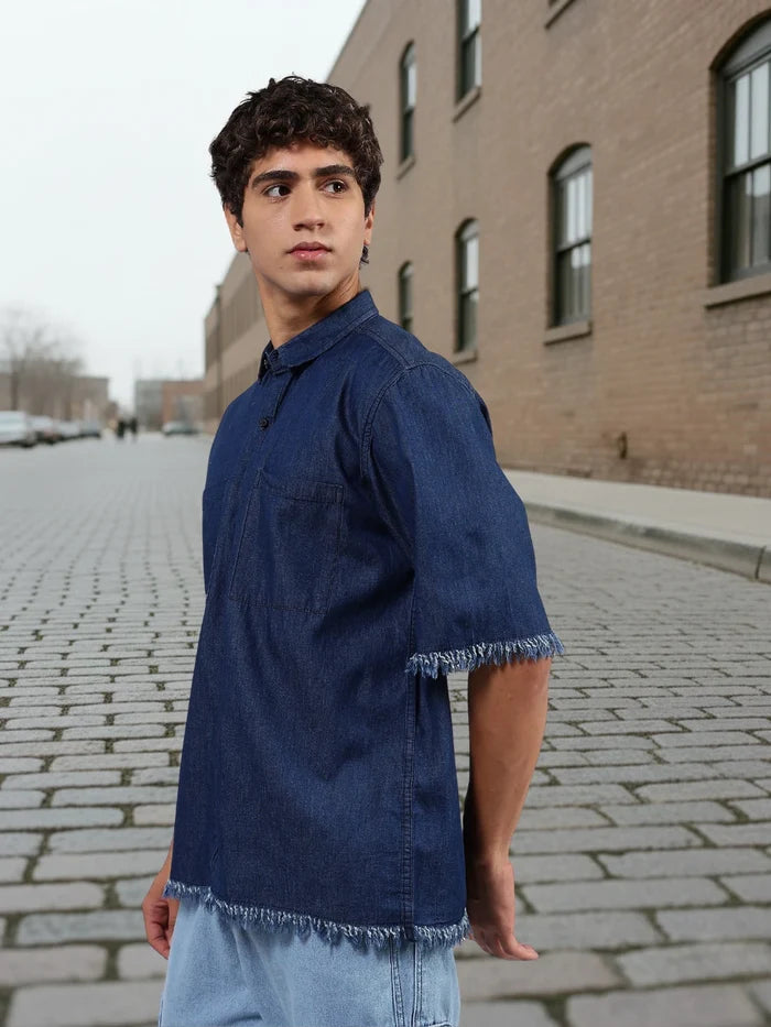 House Of Koala Navy Denim Raw Edge Oversized Box-Fit Spread Collar Half Sleeve Shirt