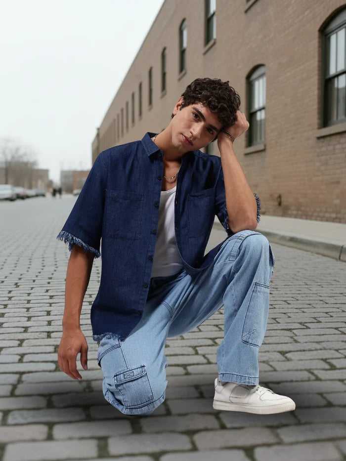 House Of Koala Navy Denim Raw Edge Oversized Box-Fit Spread Collar Half Sleeve Shirt