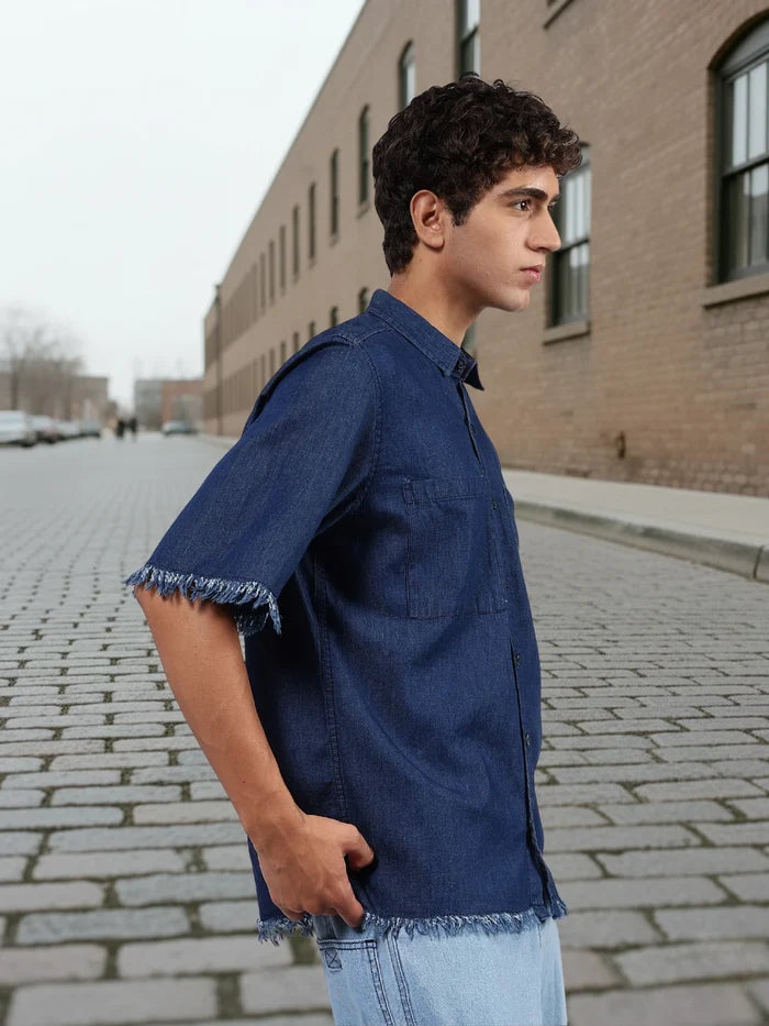 House Of Koala Navy Denim Raw Edge Oversized Box-Fit Spread Collar Half Sleeve Shirt