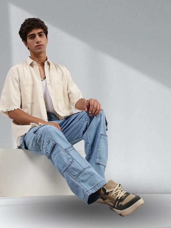 House Of Koala Off-White Raw Edge Oversized Box-Fit Spread Collar Premium Denim Shirt