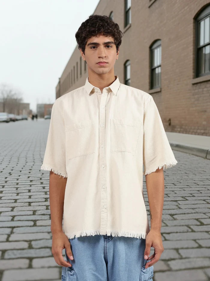 House Of Koala Off-White Raw Edge Oversized Box-Fit Spread Collar Premium Denim Shirt