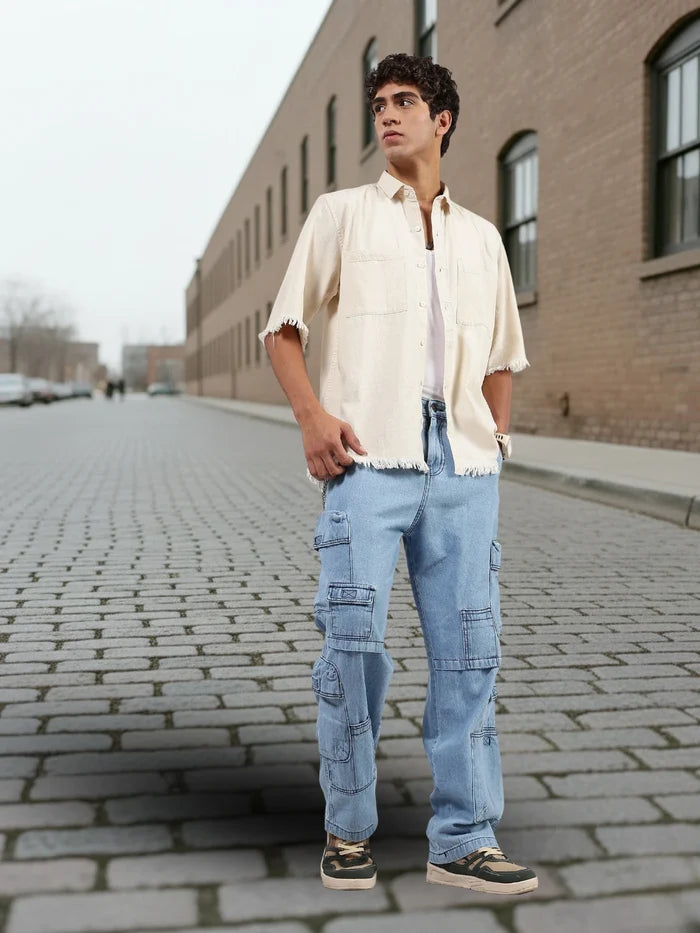 House Of Koala Off-White Raw Edge Oversized Box-Fit Spread Collar Premium Denim Shirt