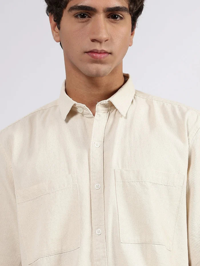 House Of Koala Off-White Raw Edge Oversized Box-Fit Spread Collar Premium Denim Shirt