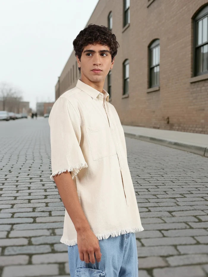 House Of Koala Off-White Raw Edge Oversized Box-Fit Spread Collar Premium Denim Shirt