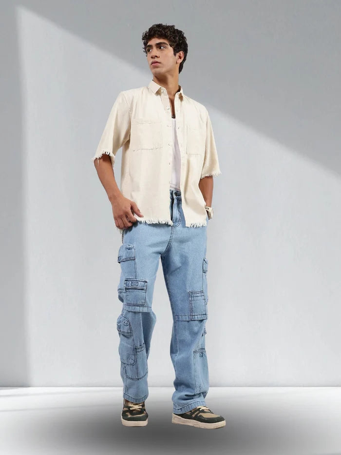 House Of Koala Off-White Raw Edge Oversized Box-Fit Spread Collar Premium Denim Shirt
