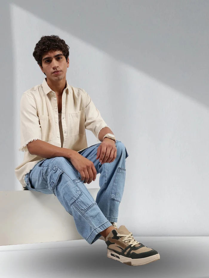 House Of Koala Off-White Raw Edge Oversized Box-Fit Spread Collar Premium Denim Shirt