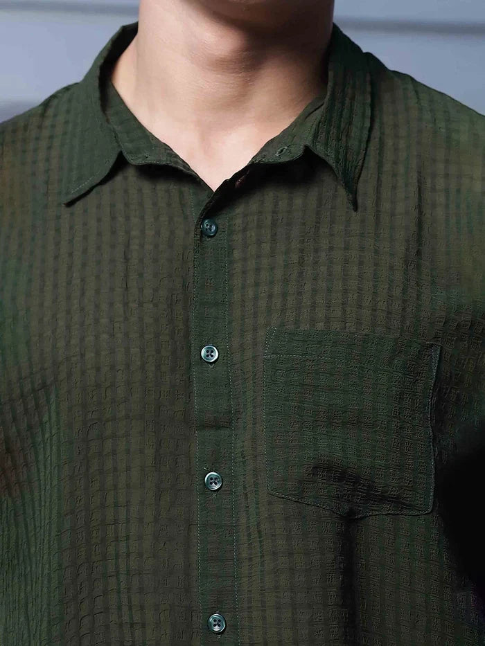 House Of Koala Olive Green Classic Semi Sheer Georgette Relaxed Fit Shirt