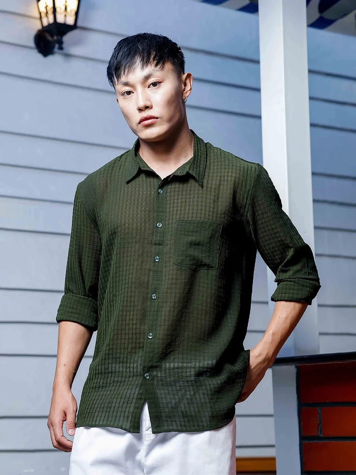 House Of Koala Olive Green Classic Semi Sheer Georgette Relaxed Fit Shirt