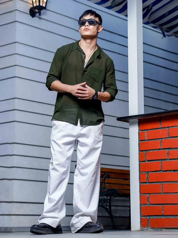 House Of Koala Olive Green Classic Semi Sheer Georgette Relaxed Fit Shirt