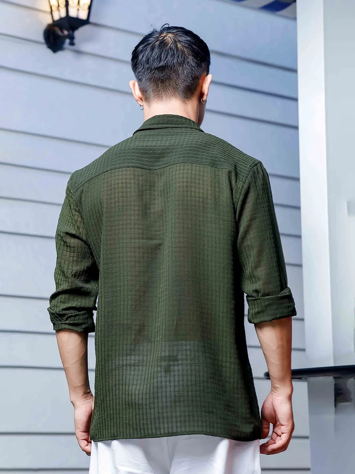 House Of Koala Olive Green Classic Semi Sheer Georgette Relaxed Fit Shirt