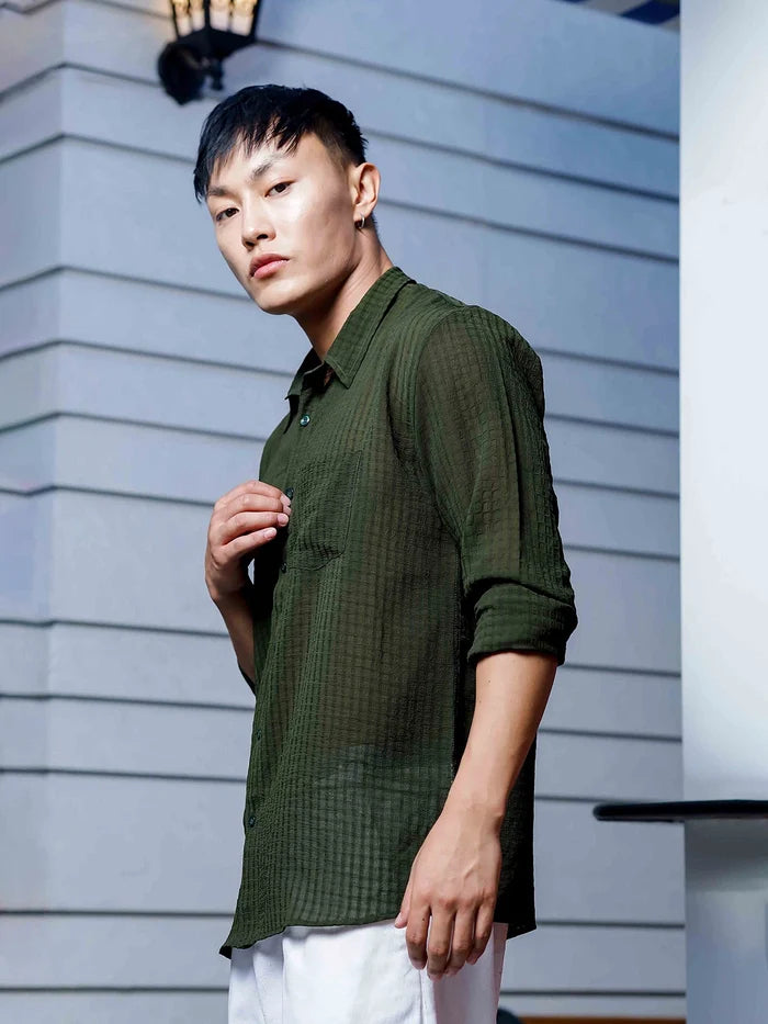 House Of Koala Olive Green Classic Semi Sheer Georgette Relaxed Fit Shirt