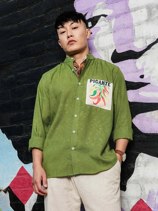 House Of Koala Olive Matcha Linen-Blend Mandarin Collar Relaxed Fit Shirt