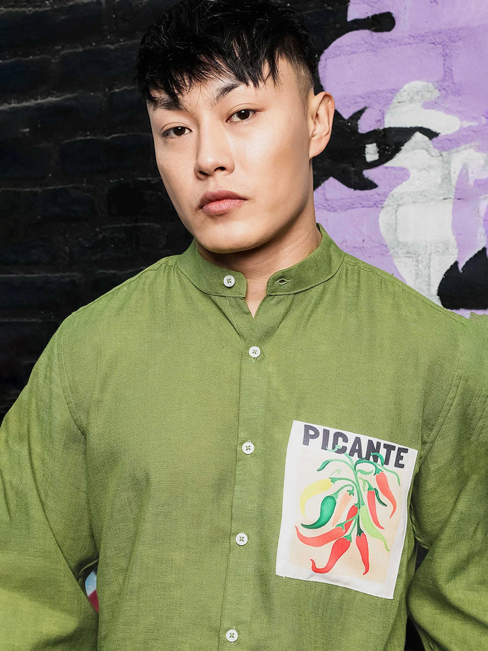 House Of Koala Olive Matcha Linen-Blend Mandarin Collar Relaxed Fit Shirt