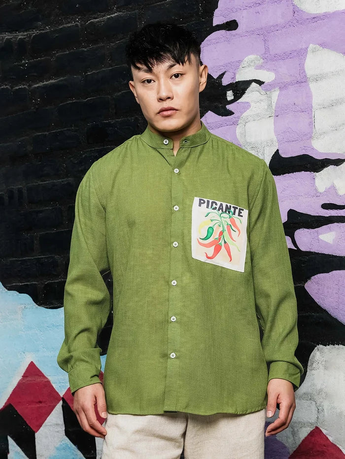 House Of Koala Olive Matcha Linen-Blend Mandarin Collar Relaxed Fit Shirt