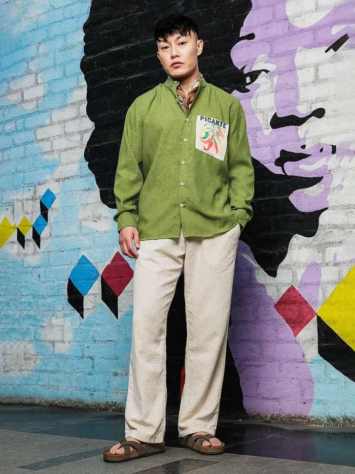 House Of Koala Olive Matcha Linen-Blend Mandarin Collar Relaxed Fit Shirt