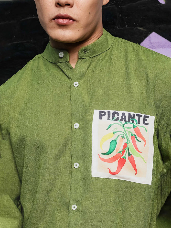 House Of Koala Olive Matcha Linen-Blend Mandarin Collar Relaxed Fit Shirt