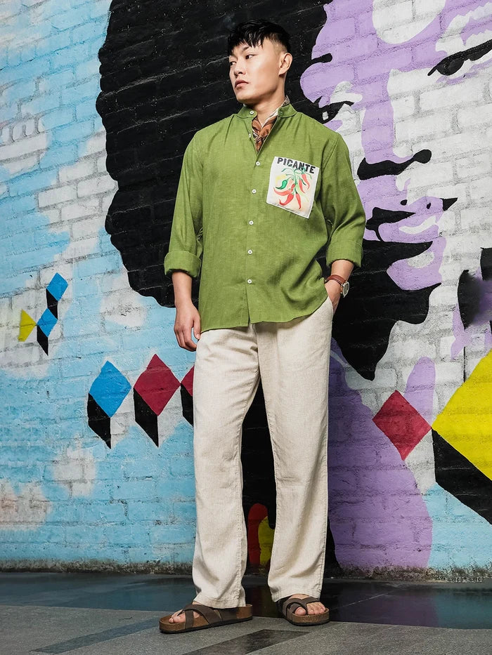 House Of Koala Olive Matcha Linen-Blend Mandarin Collar Relaxed Fit Shirt
