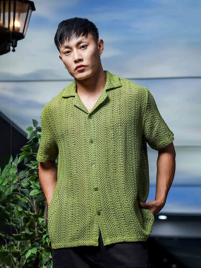 House Of Koala Olive Pure Cotton Crochet Relaxed Fit Resort Shirt