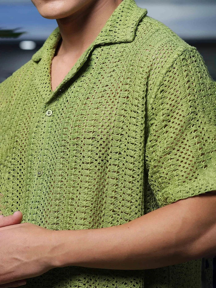 House Of Koala Olive Pure Cotton Crochet Relaxed Fit Resort Shirt