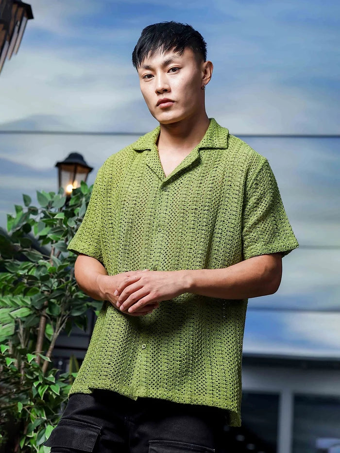 House Of Koala Olive Pure Cotton Crochet Relaxed Fit Resort Shirt