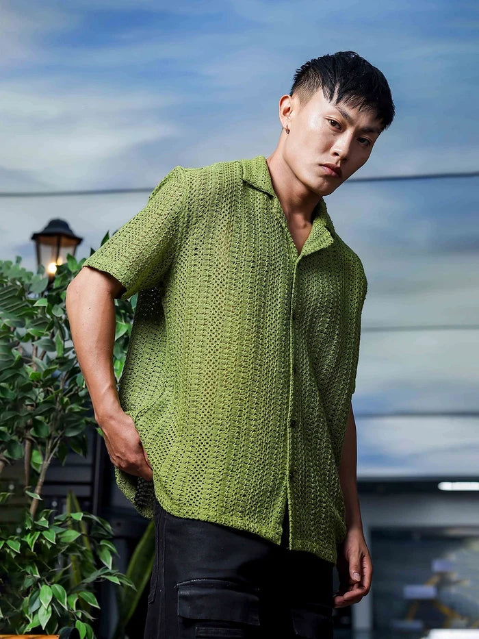 House Of Koala Olive Pure Cotton Crochet Relaxed Fit Resort Shirt