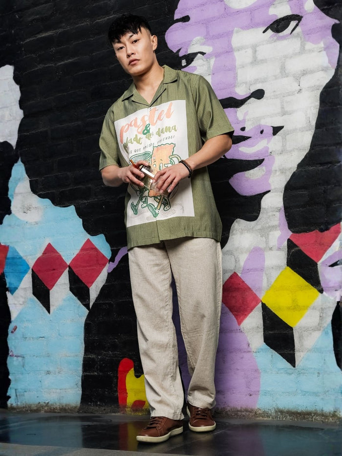 House Of Koala Olive Viscose Classic Relaxed Fit Resort Shirt