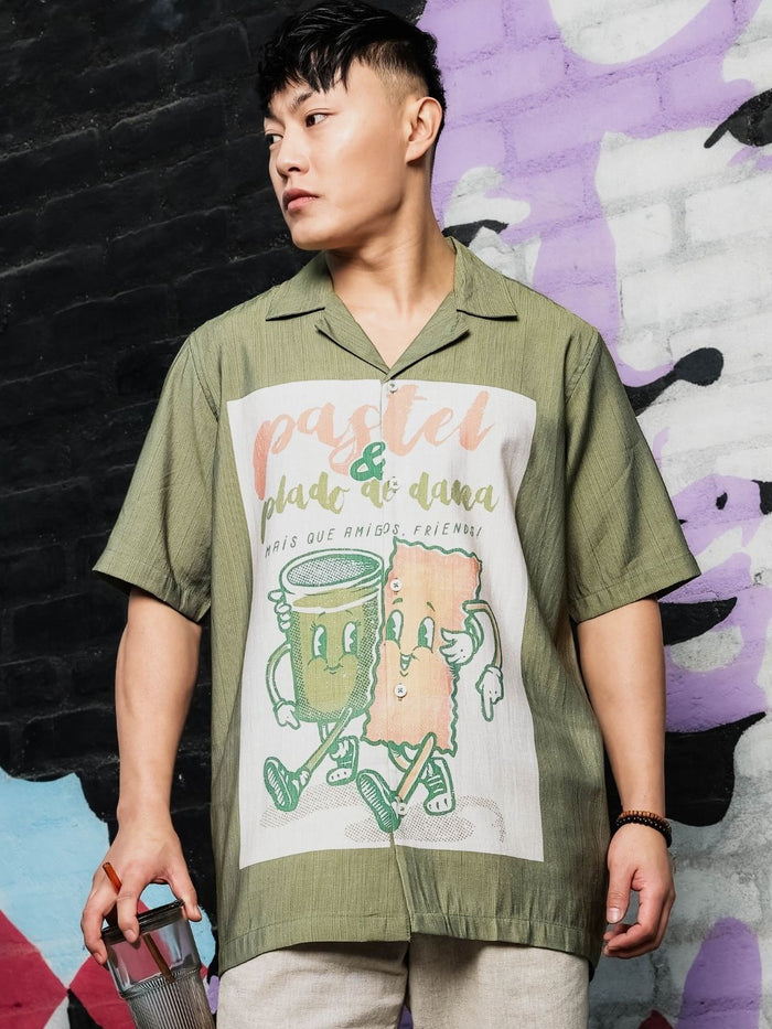 House Of Koala Olive Viscose Classic Relaxed Fit Resort Shirt