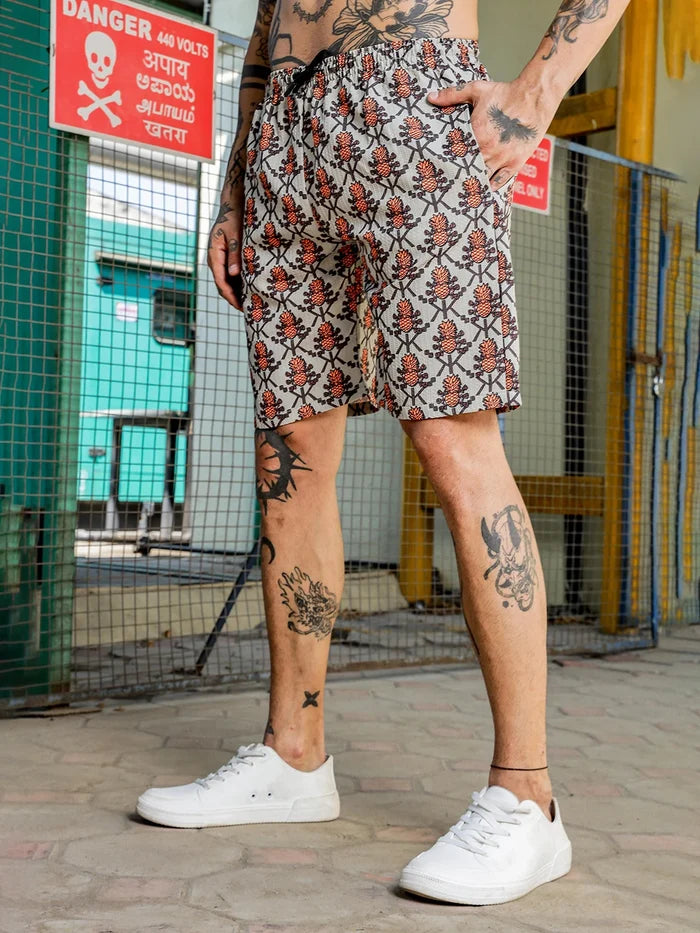 House Of Koala Orange Pineapple Printed and Textured Relaxed Fit Shorts