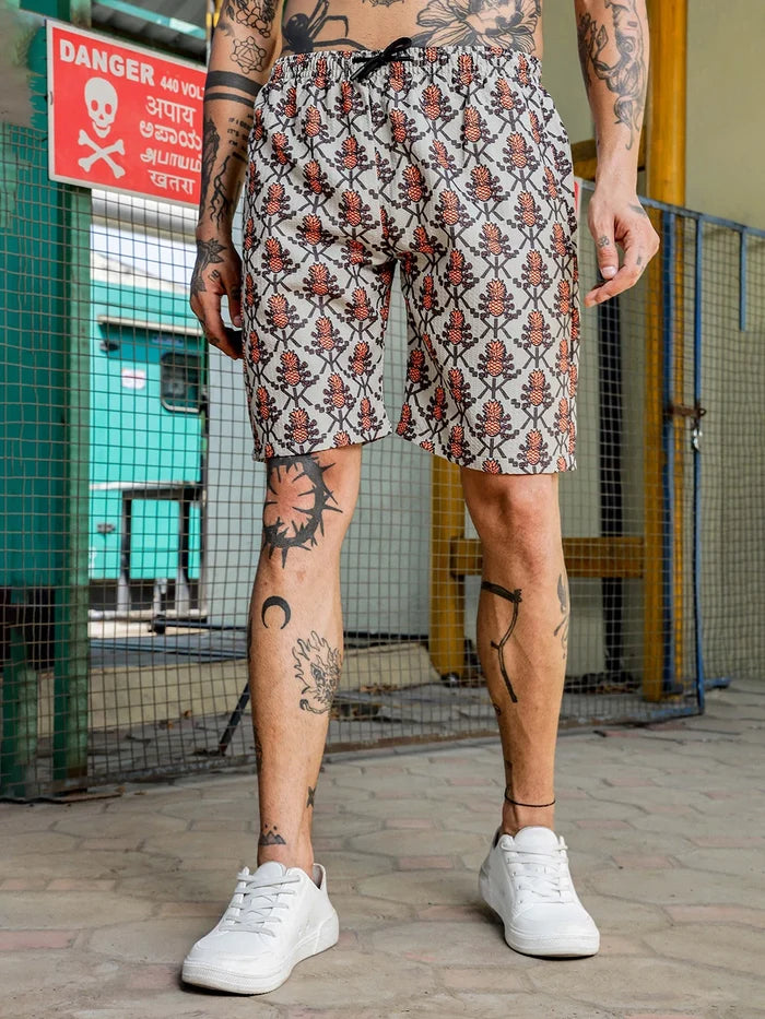 House Of Koala Orange Pineapple Printed and Textured Relaxed Fit Shorts