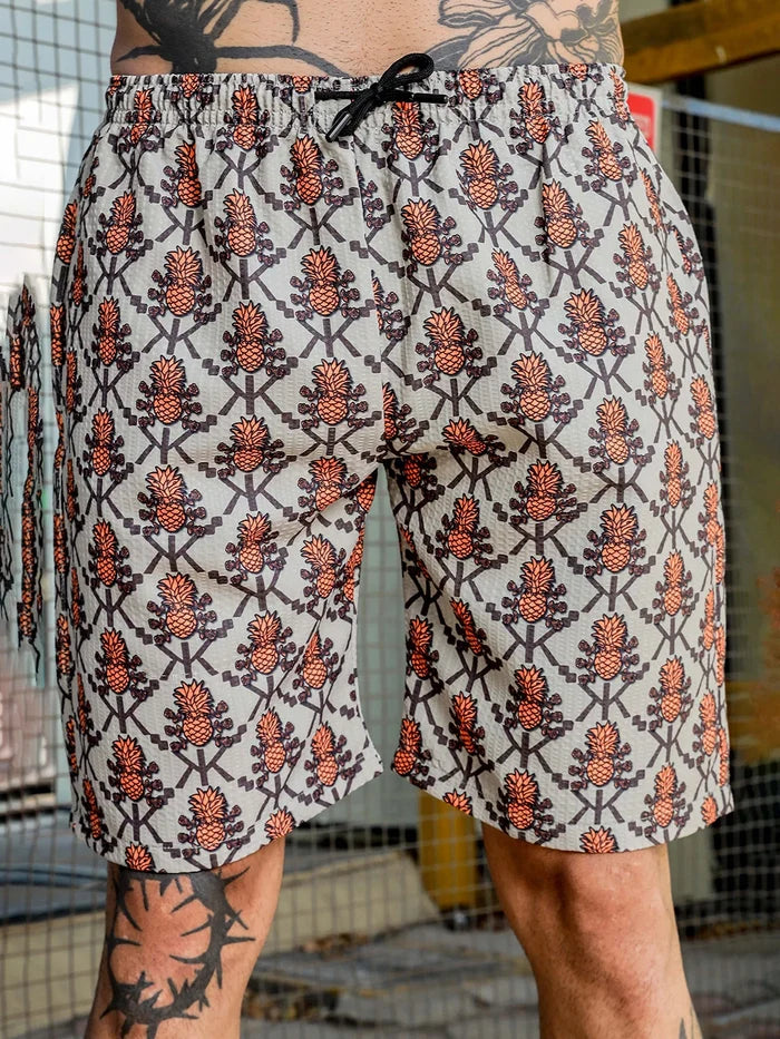 House Of Koala Orange Pineapple Printed and Textured Relaxed Fit Shorts