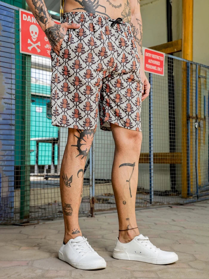 House Of Koala Orange Pineapple Printed and Textured Relaxed Fit Shorts