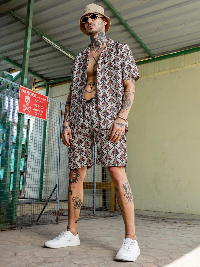 House Of Koala Orange Pineapple Printed and Textured Relaxed Fit Shorts