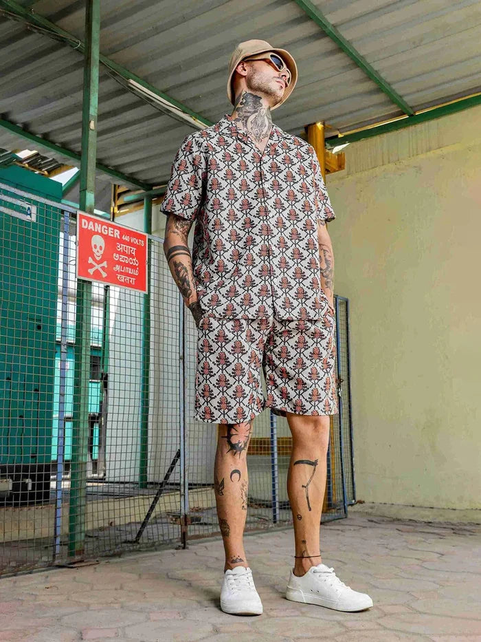 House Of Koala Orange Pineapple Printed and Textured Relaxed Fit Shorts
