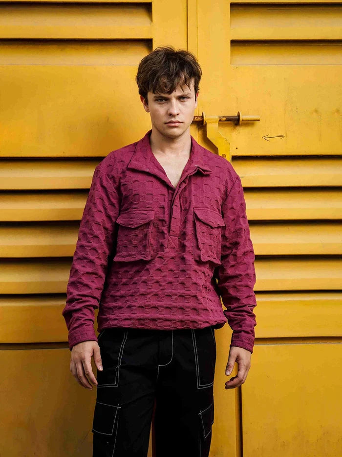 House Of Koala Oversized Wine Textured Shirt Shacket