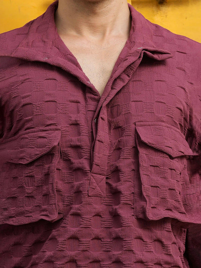 House Of Koala Oversized Wine Textured Shirt Shacket