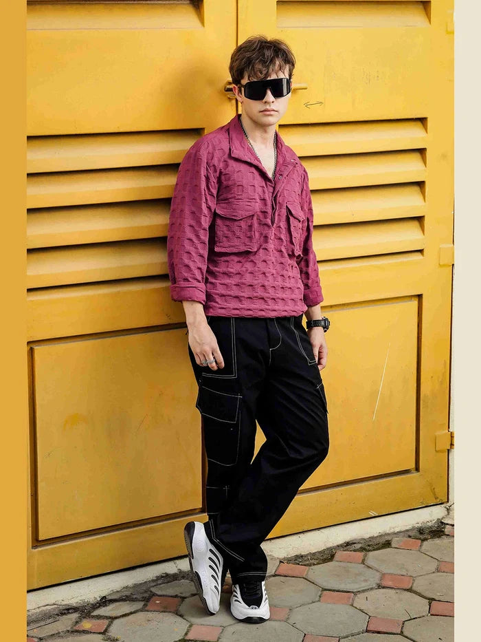 House Of Koala Oversized Wine Textured Shirt Shacket