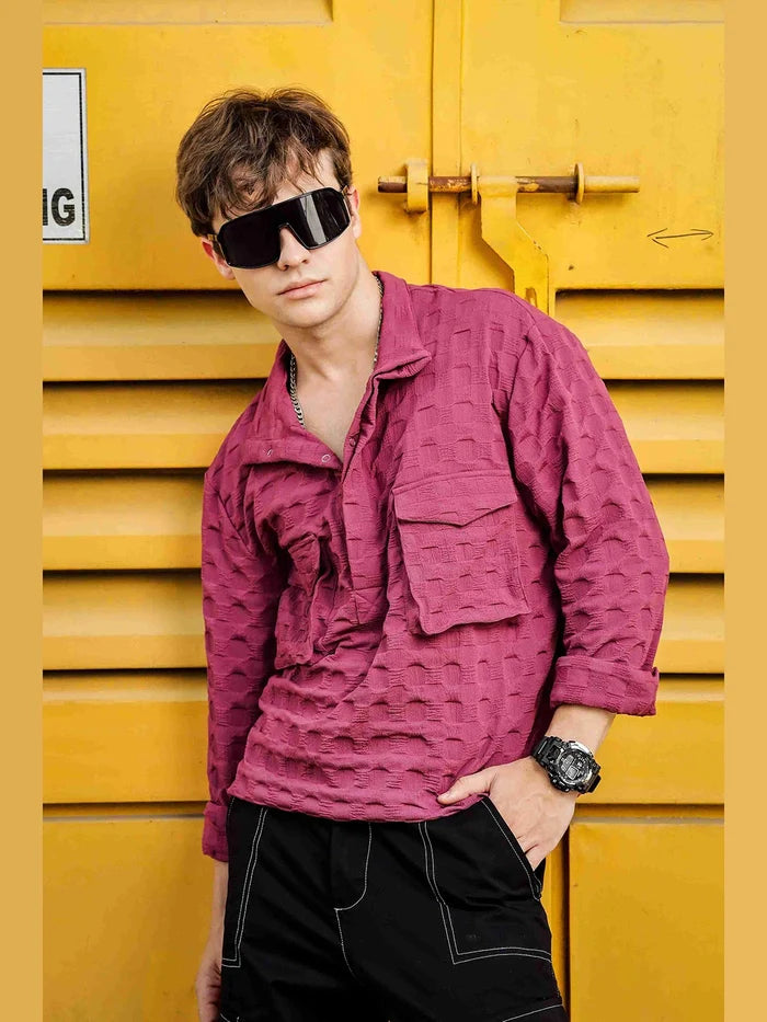 House Of Koala Oversized Wine Textured Shirt Shacket