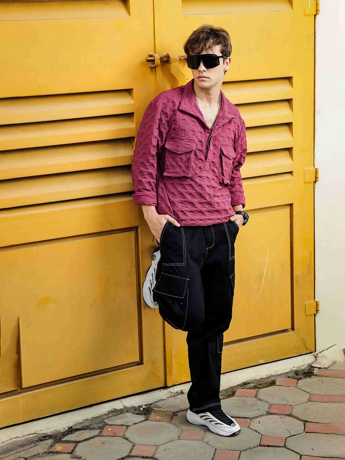 House Of Koala Oversized Wine Textured Shirt Shacket