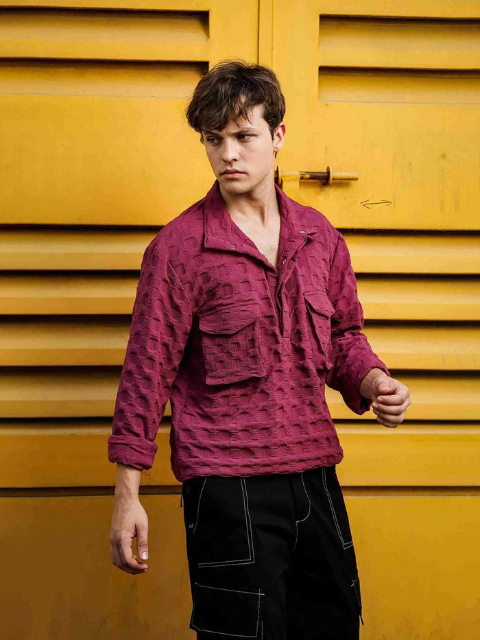 House Of Koala Oversized Wine Textured Shirt Shacket