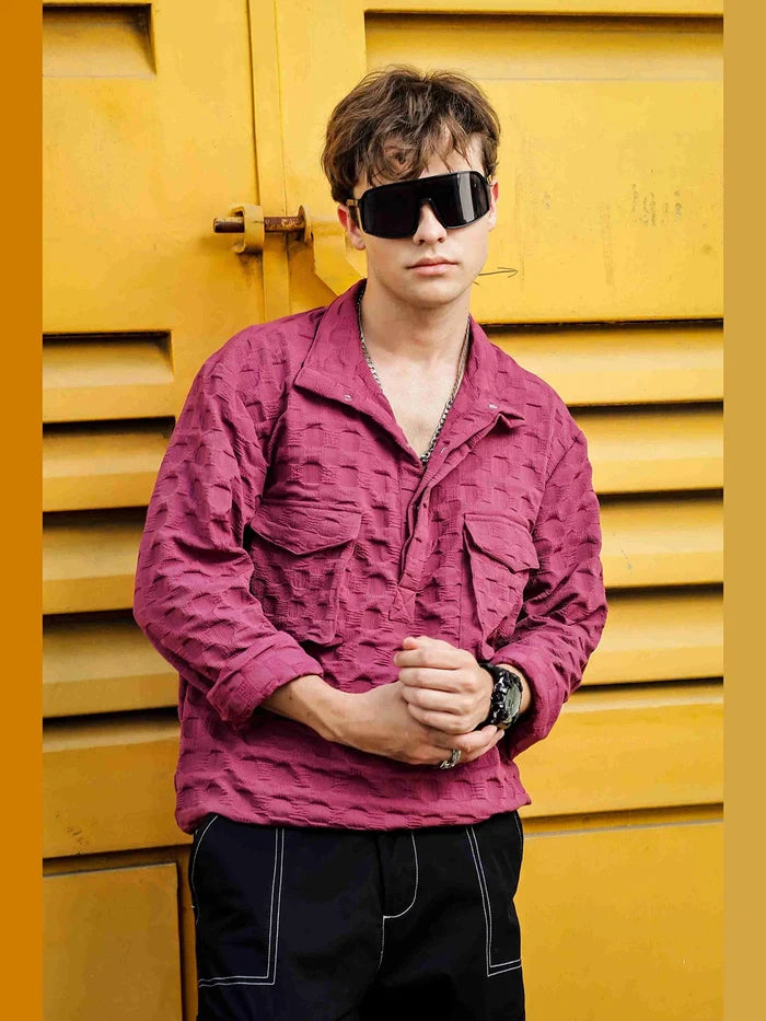 House Of Koala Oversized Wine Textured Shirt Shacket